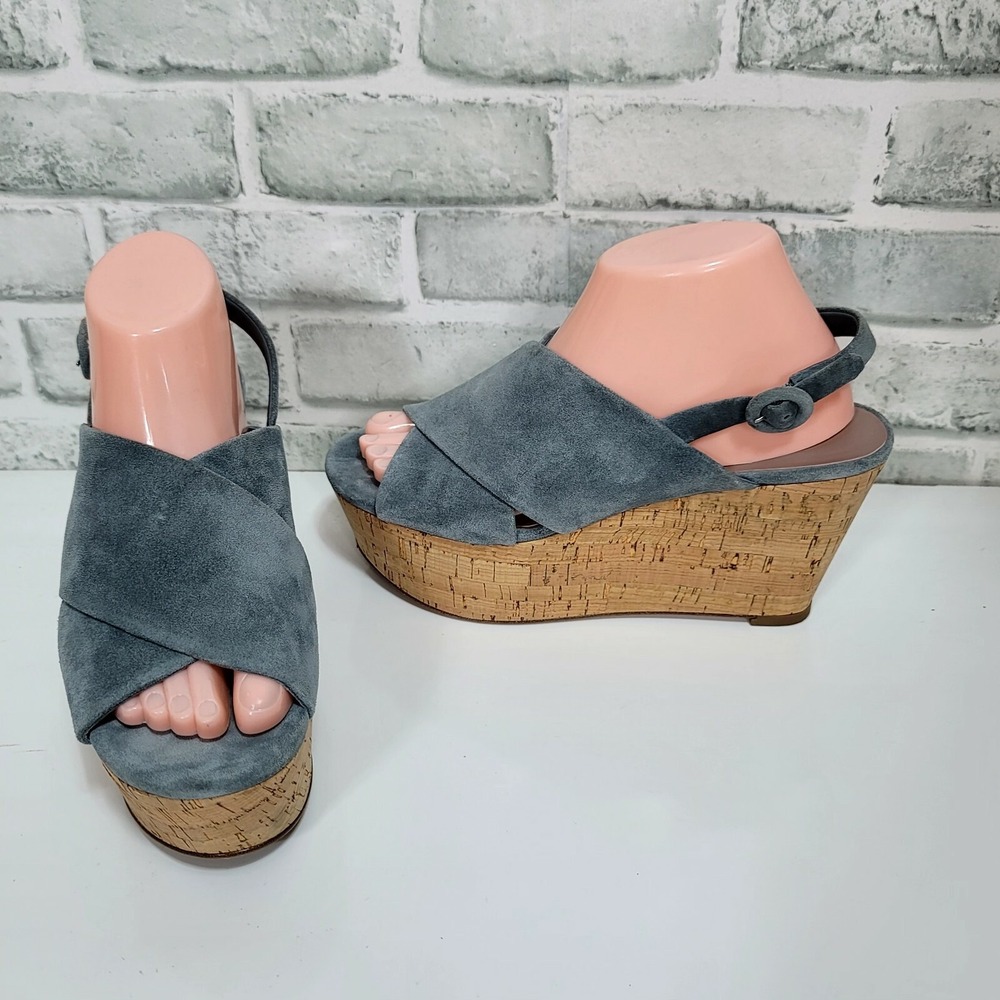 DVF Juno Blue Suede Cork Wedge Sandals Slingback Womens 8.5 Platform Retro - Picture 2 of 11